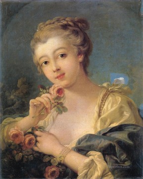 ロココ Painting - バラの花束を持つ若い女性 フランソワ・ブーシェ 古典的ロココ